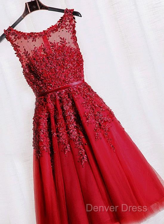Red Tea Length Round Homecoming Dress, Lace Applique Red Prom Dress, Vintage Style Prom Dresses
