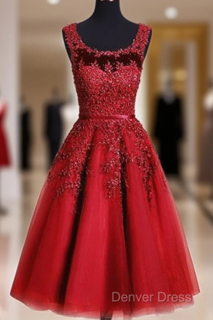 Red Tea Length Round Homecoming Dresses, Lace Applique Red Party Dresses, Vintage Style Prom Dresses Main image