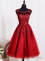 Red Tea Length Round Homecoming Dresses, Lace Applique Red Party Dress, Vintage Style Prom Dress
