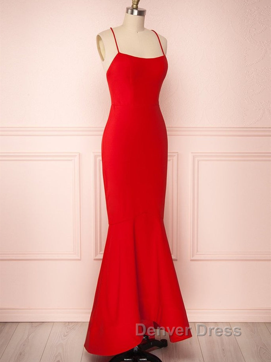 Red Thin Straps Mermaid Backless Long Prom Dress, Red Mermaid Prom Dress, Red Prom Dresses