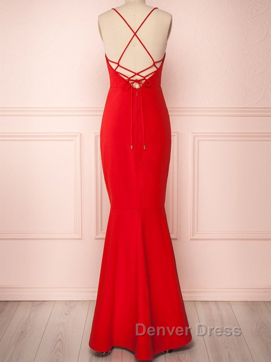 Red Thin Straps Mermaid Backless Long Prom Dress, Red Mermaid Prom Dress, Red Prom Dresses