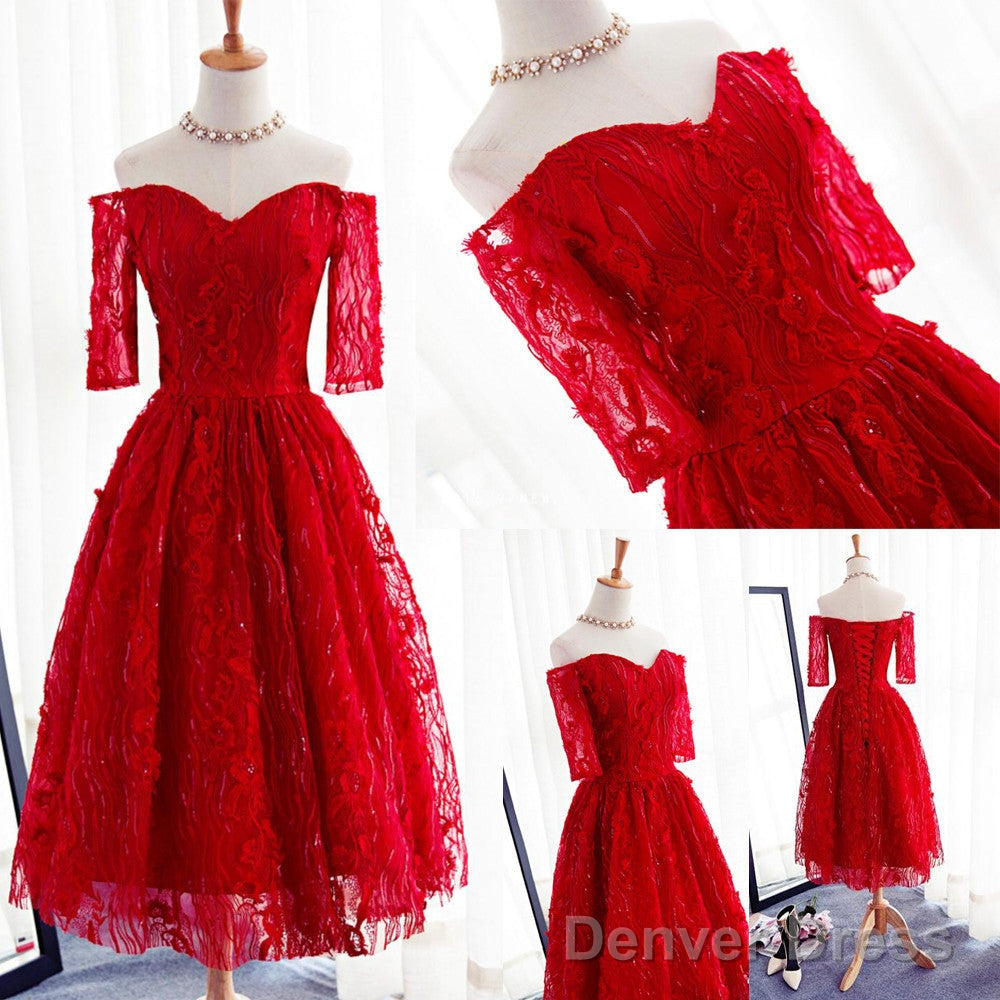 Red Three-Quarter Sleeve Sweetheart Off Shoulder Tea-Length Lace Up Back Homecoming Dresses