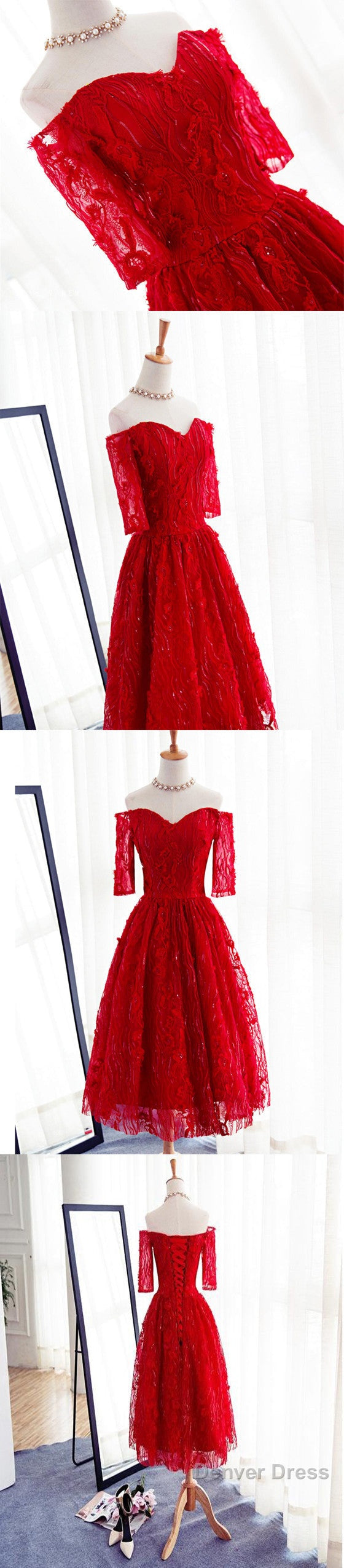 Red Three-Quarter Sleeve Sweetheart Off Shoulder Tea-Length Lace Up Back Homecoming Dresses