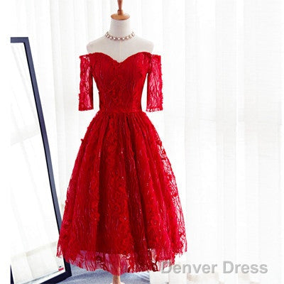 Red Three-Quarter Sleeve Sweetheart Off Shoulder Tea-Length Lace Up Back Homecoming Dresses Main image