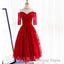 Red Three-Quarter Sleeve Sweetheart Off Shoulder Tea-Length Lace Up Back Homecoming Dresses