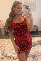 Red Tight Sequins Backless Homecoming Dresses