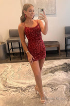 Red Tight Sequins Backless Homecoming Dresses