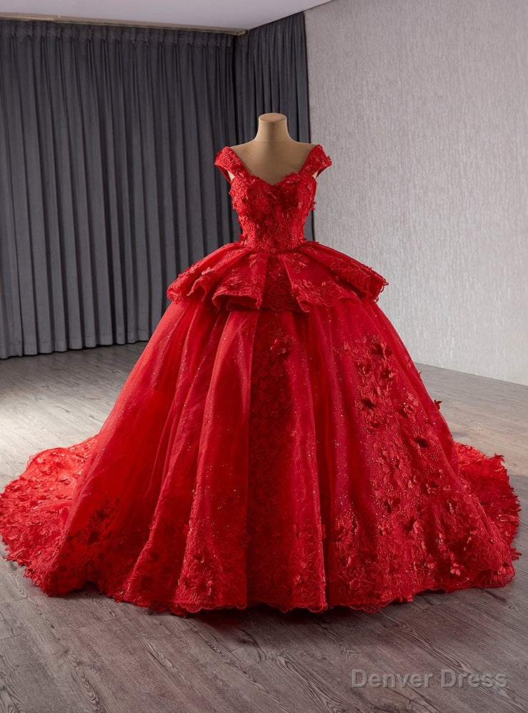 Red Tulle 3D Flower Ball Gowns Prom Dresses Main image