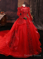 Red Tulle Ball Gowns Long Sleeves Sequins Wedding Prom Dress, Red Tulle Prom Dresses