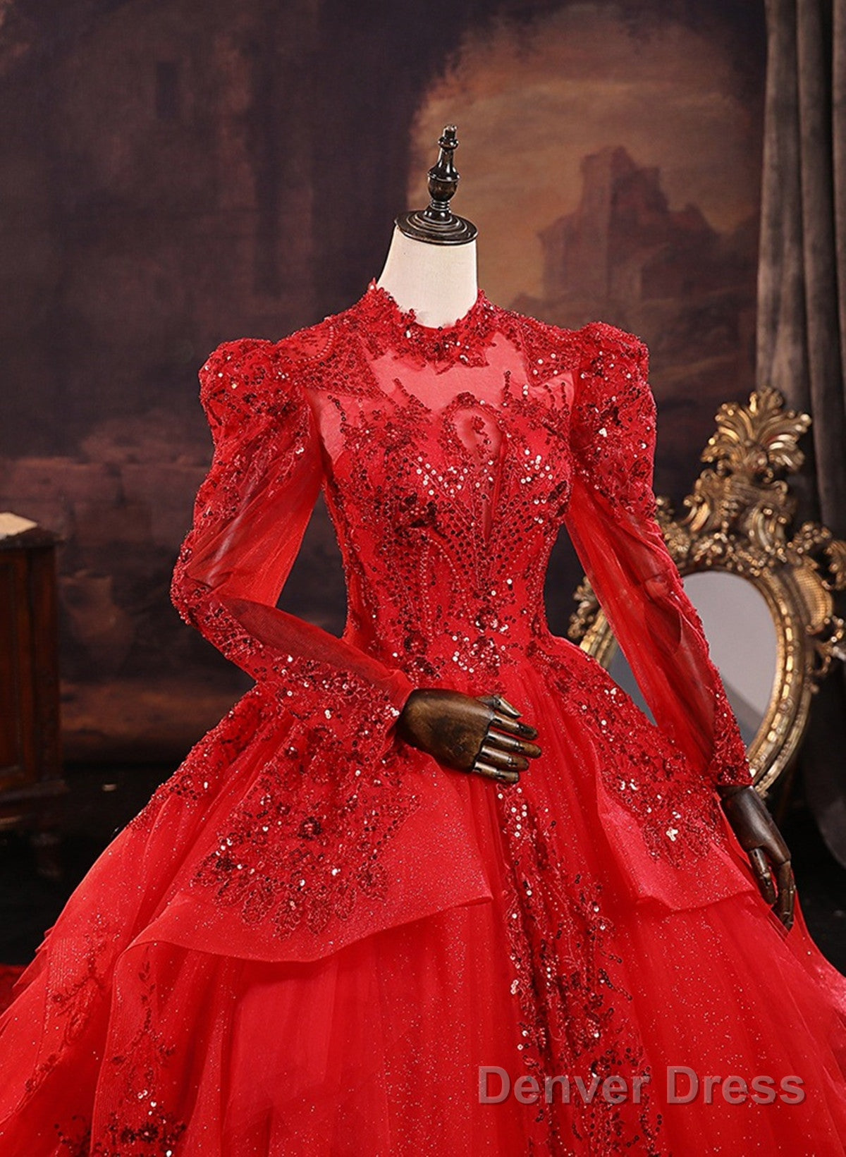 Red Tulle Ball Gown Long Sleeves Sequins Wedding Party Dress, Red Tulle Formal Dress