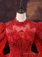 Red Tulle Ball Gown Long Sleeves Sequins Wedding Party Dress, Red Tulle Formal Dress