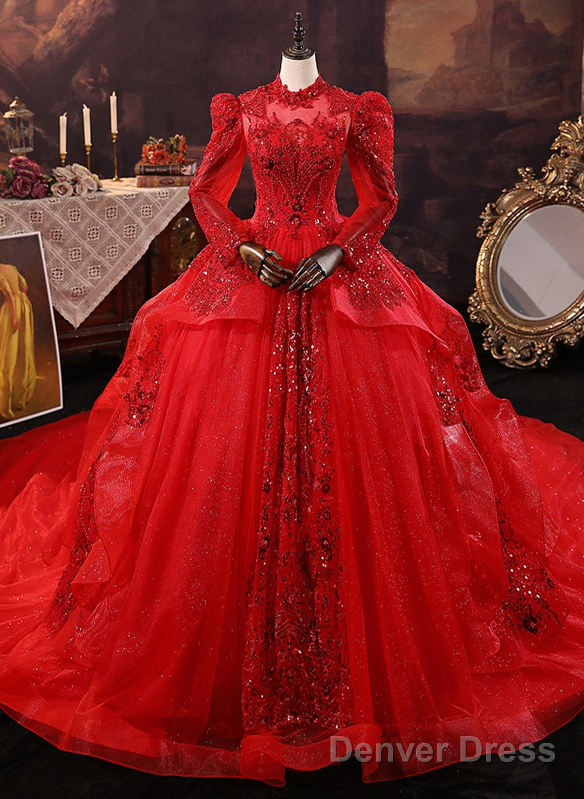 Red Tulle Ball Gown Long Sleeves Sequins Wedding Party Dress, Red Tulle Formal Dress