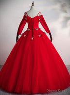 Red Tulle Ball Gown Off Shoulder Long Party Dress, Red Sweet 16 Dresses