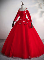 Red Tulle Ball Gowns Off Shoulder Long Prom Dress, Red Sweet 16 Dresses