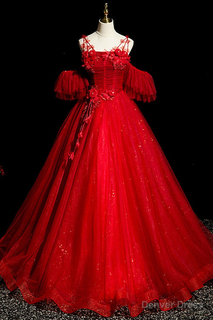 Red Tulle Ball Gowns Off Shoulder Sweet 16 Prom Dress, Red Prom Gowns Prom Dresses