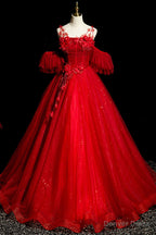 Red Tulle Ball Gown Off Shoulder Sweet 16 Formal Dresses, Red Evening Gown Party Dress