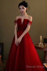 Red Tulle Beaded Long Prom Dress, A-Line Off The Shoulder Evening Dress