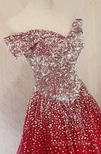 Red Tulle Beaded Off The Shoulder Long Prom Gowns, Red Prom Dresses
