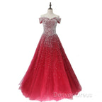 Red Tulle Beaded Off The Shoulder Long Prom Gowns, Red Prom Dresses