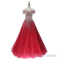 Red Tulle Beaded Off The Shoulder Long Party Gown, Red Formal Dresses