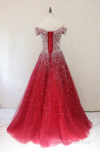 Red Tulle Beaded Off The Shoulder Long Prom Gowns, Red Prom Dresses