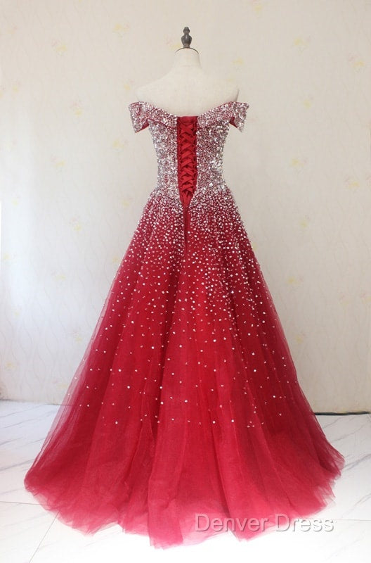 Red Tulle Beaded Off The Shoulder Long Prom Gowns, Red Prom Dresses