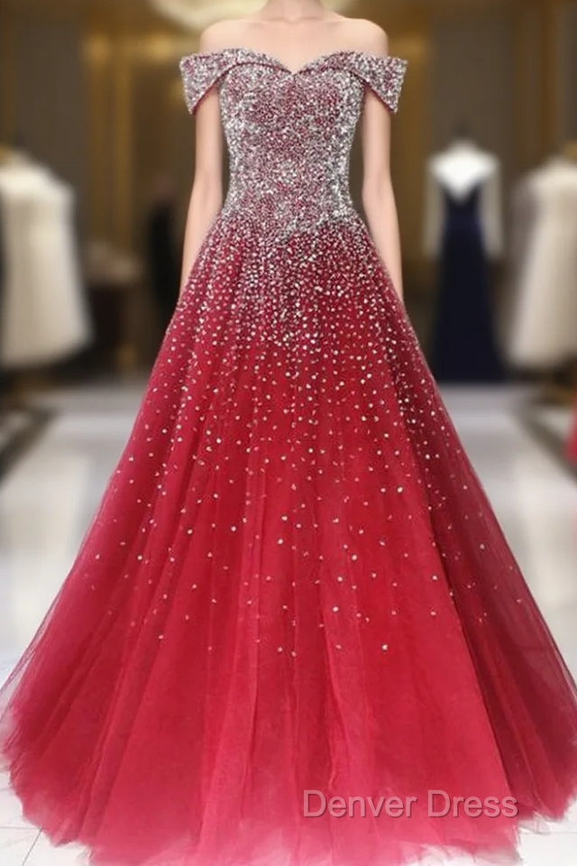 Red Tulle Beaded Off The Shoulder Long Prom Gowns, Red Prom Dresses
