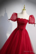 Red Tulle Floor Length Prom Dress, Red Short Sleeve Graduation Dresses