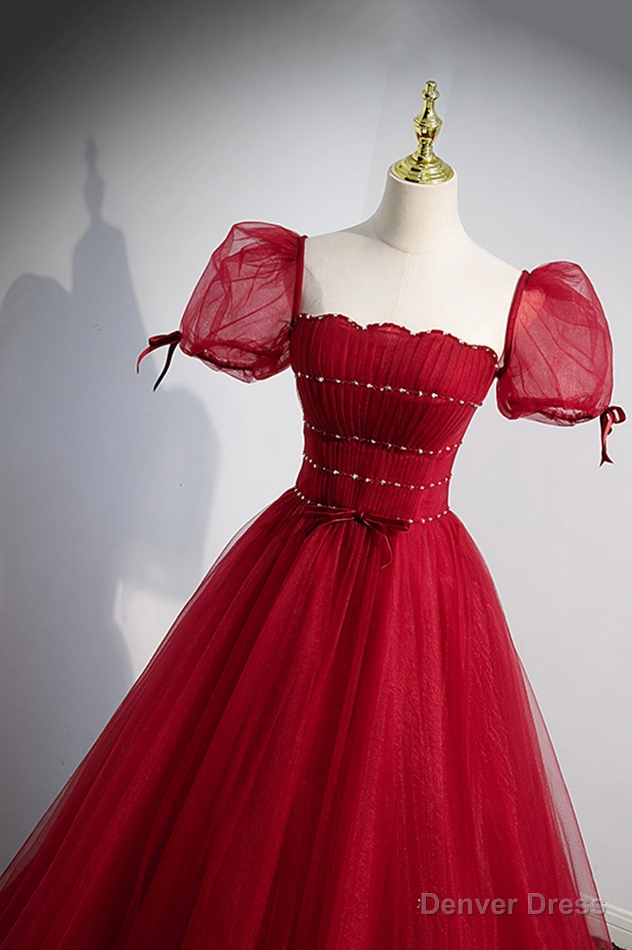 Red Tulle Floor Length Prom Dress, Red Short Sleeve Graduation Dresses