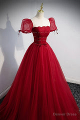 Red Tulle Floor Length Evening Party Dress, Red Short Sleeve Graduation Dress