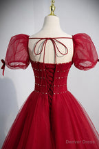 Red Tulle Floor Length Prom Dress, Red Short Sleeve Graduation Dresses