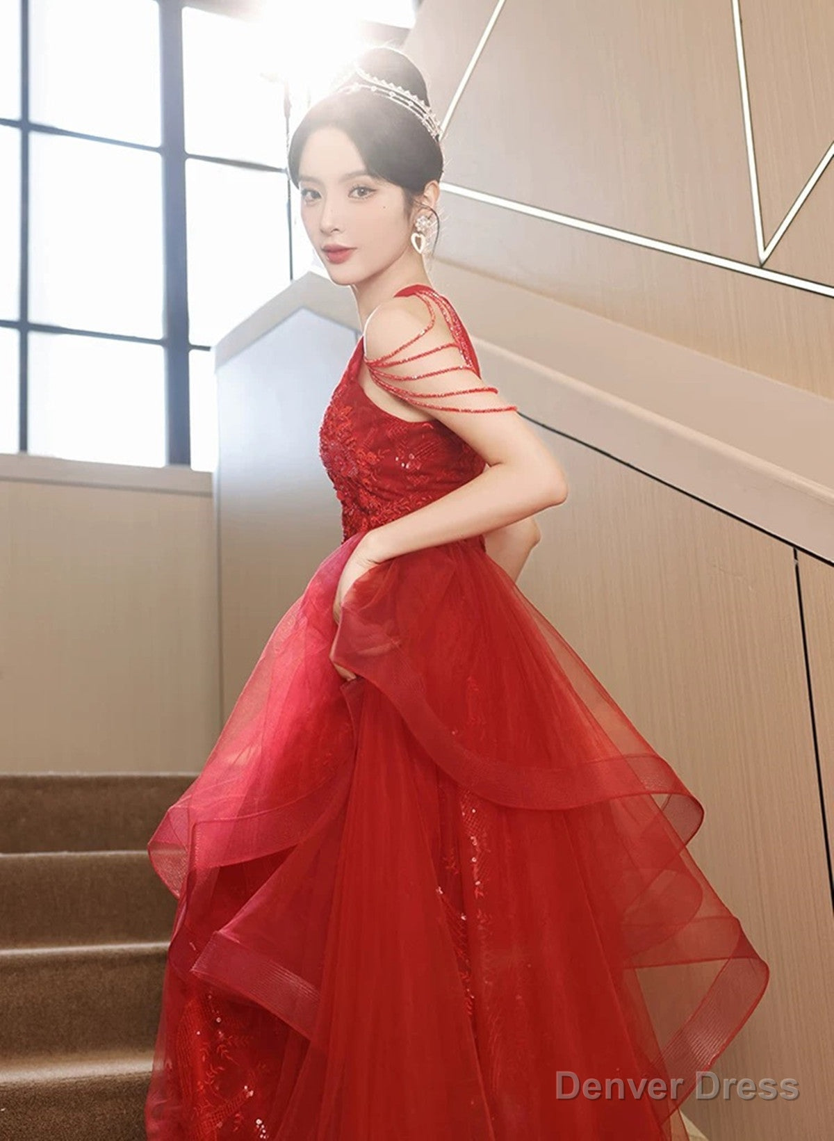 Red Tulle Halter A Line Long Prom Dress, Red Tulle Prom Dress