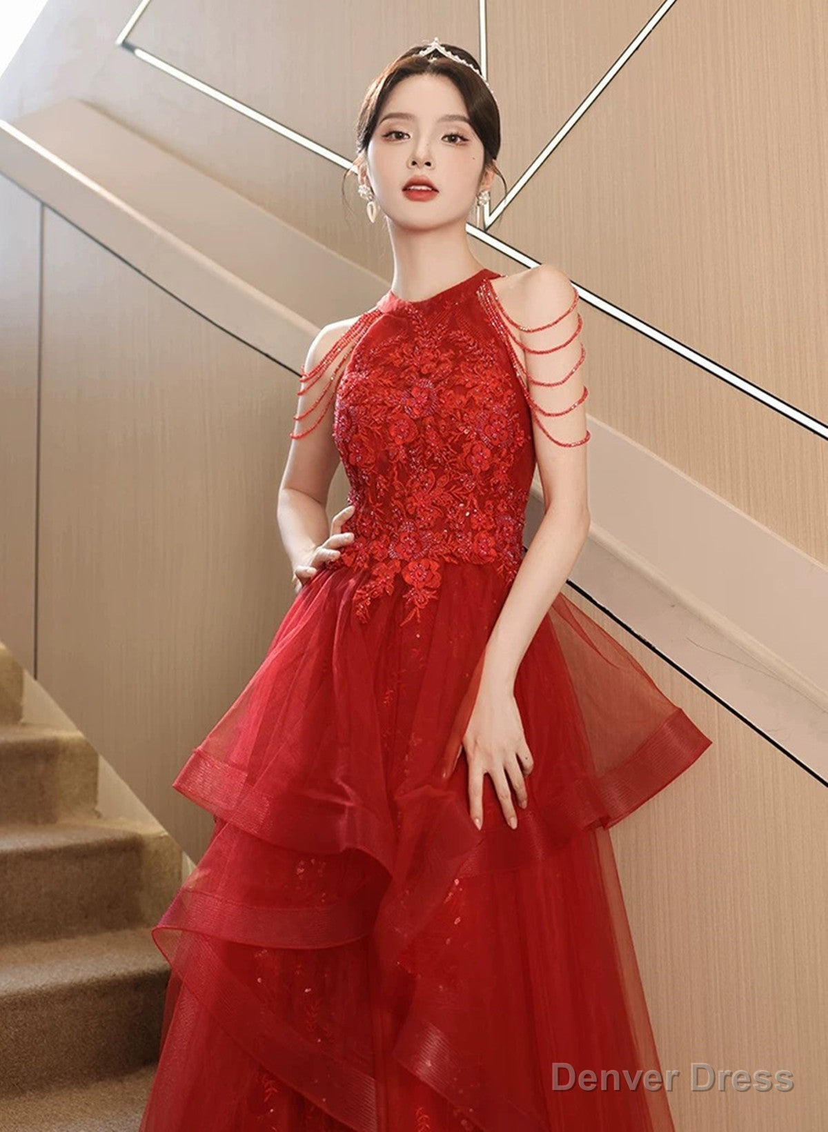 Red Tulle Halter A Line Long Prom Dress, Red Tulle Prom Dress