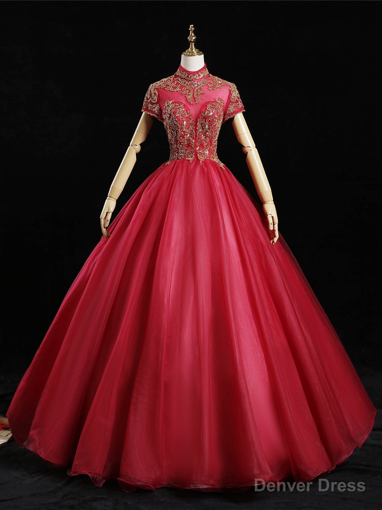 Red Tulle High Neck Cap Sleeve Beading Quinceanera Dress Main image