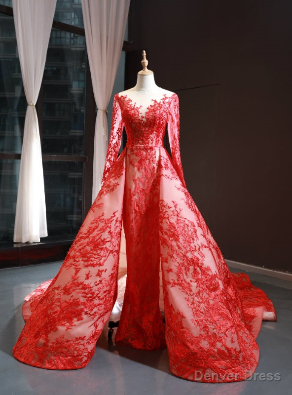Red Tulle Lace Appliques Long Sleeve Prom Dresses With Train Main image