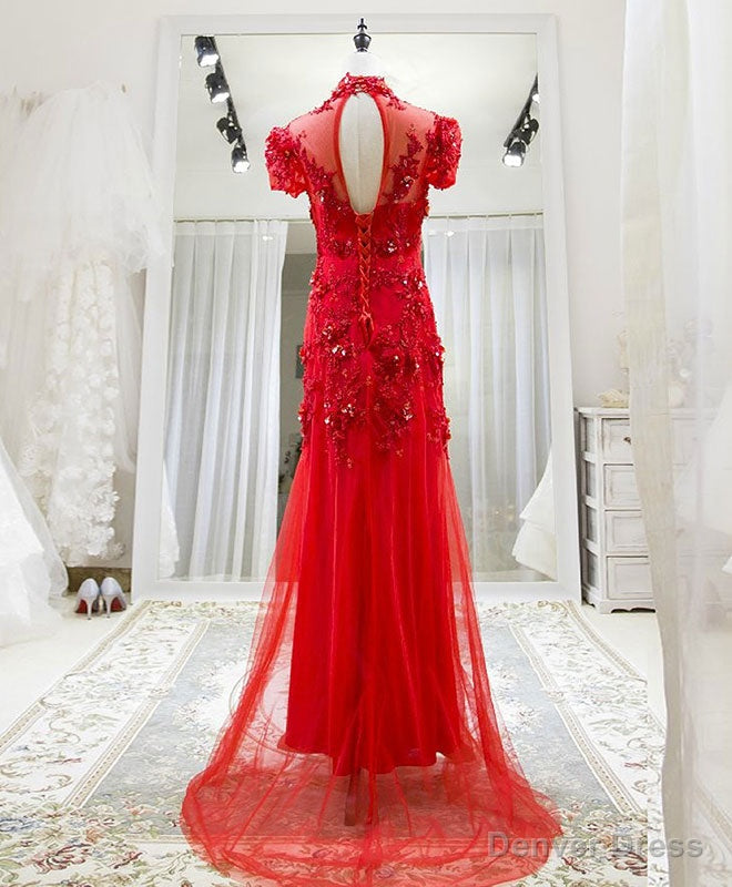 Red Tulle Lace Long Prom Dress, Red Lace Tulle Prom Dresses Secondary image