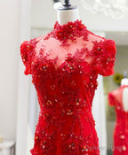 Red Tulle Lace Long Prom Dress, Red Lace Tulle Prom Dresses