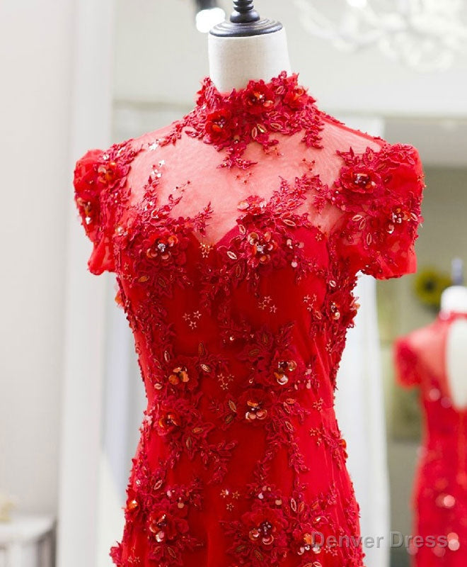 Red Tulle Lace Long Prom Dress, Red Lace Tulle Prom Dresses