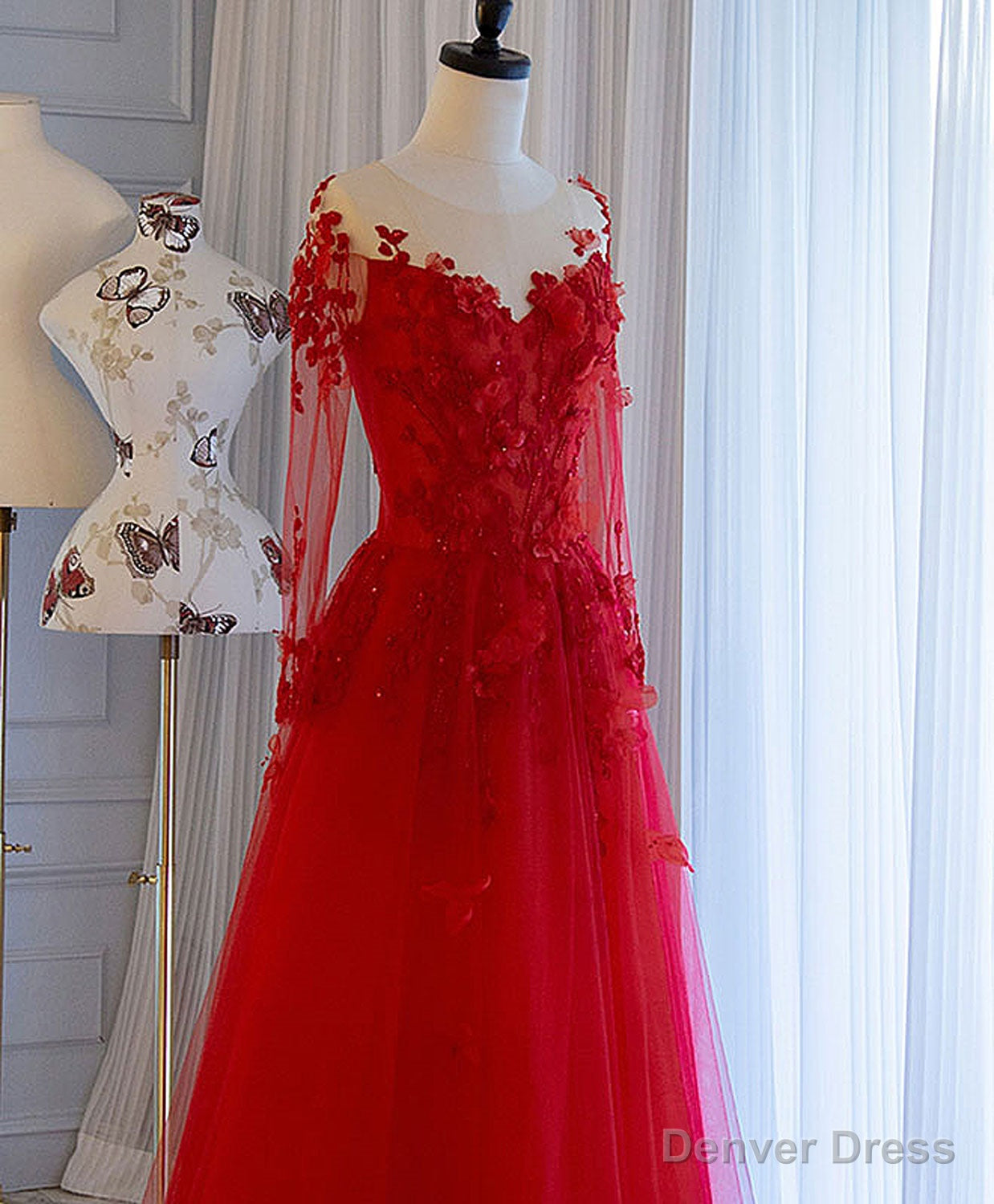 Red Tulle Lace Off Shoulder Long Prom Dress Red Lace Prom Dresses