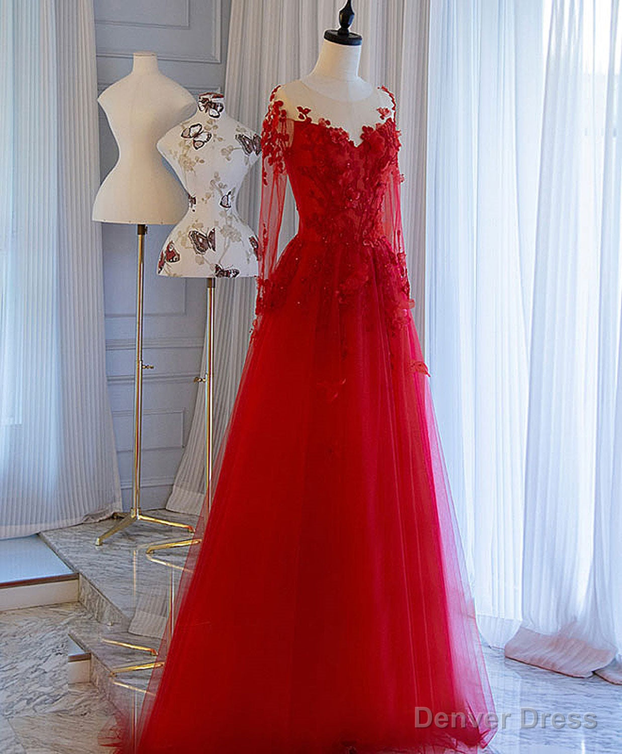 Red Tulle Lace Off Shoulder Long Prom Dress Red Lace Prom Dresses Main image