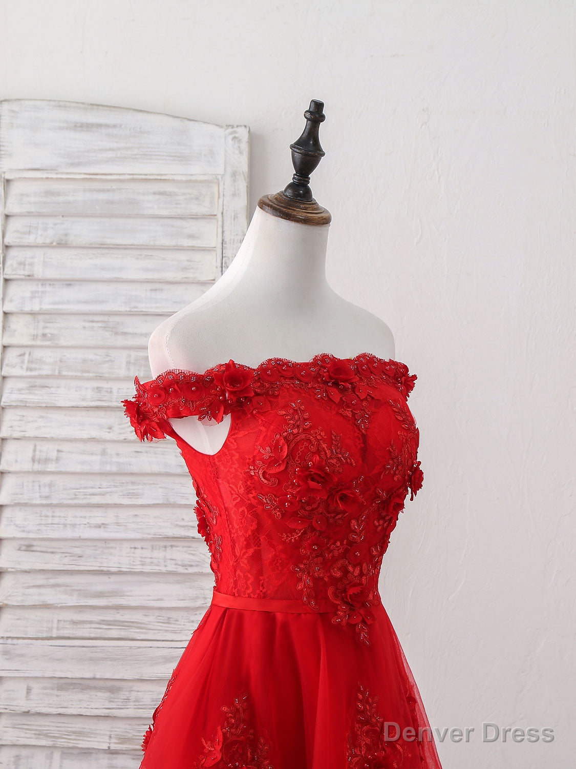 Red Tulle Lace Off Shoulder Short Prom Dress, Red Homecoming Dress Secondary image
