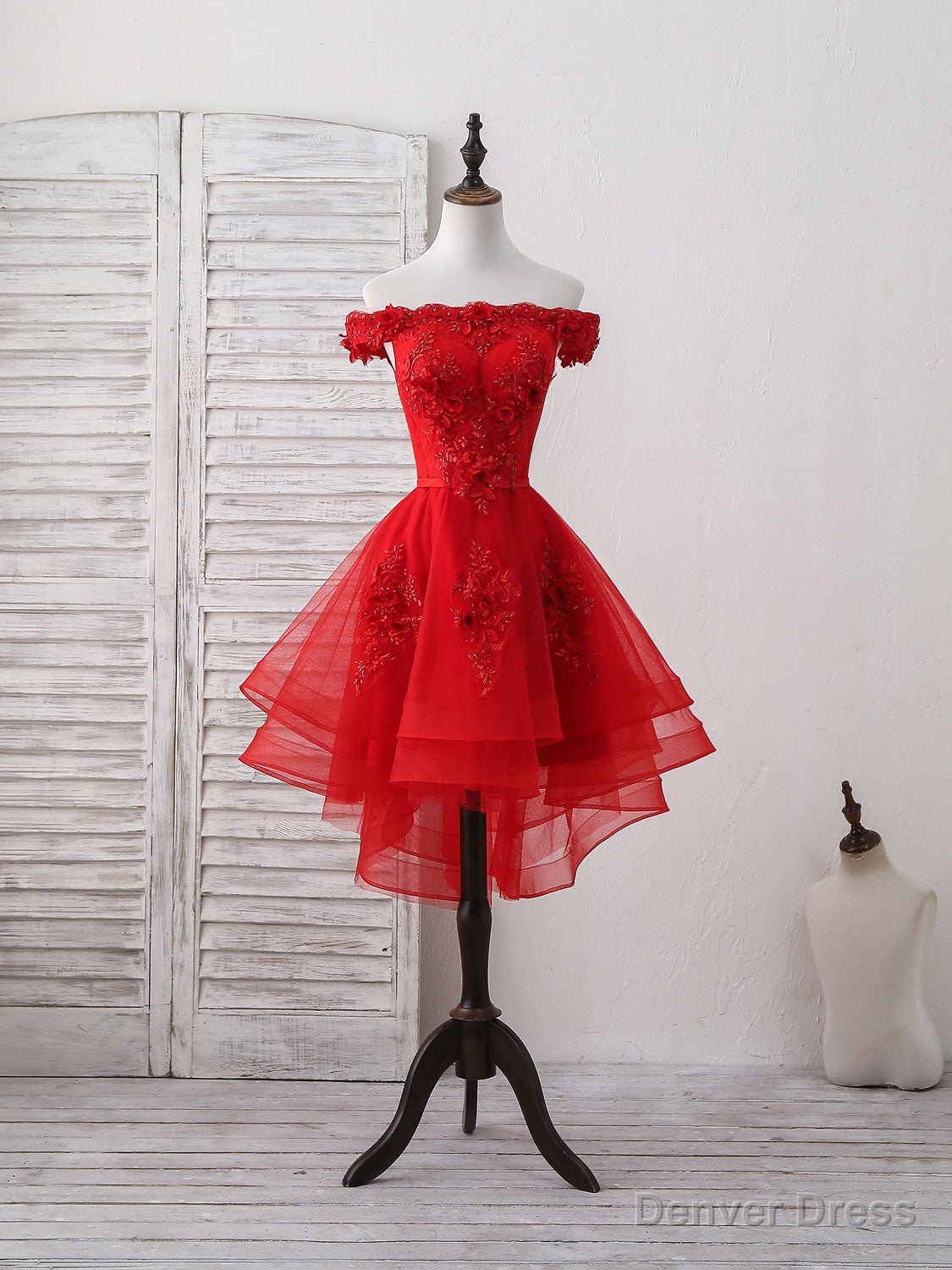 Red Tulle Lace Off Shoulder Short Prom Dress, Red Homecoming Dress Main image