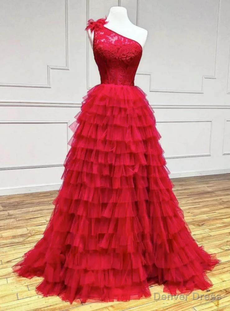 Red Tulle Lace One Shoulder Tiers Prom Dresses Main image