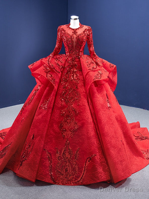 Red Tulle Lace Sequins Appliques Long Sleeve Prom Dresses