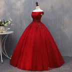 Red Tulle Long Off the Shoulder Sweet 16 Dresses, Red Prom Gowns