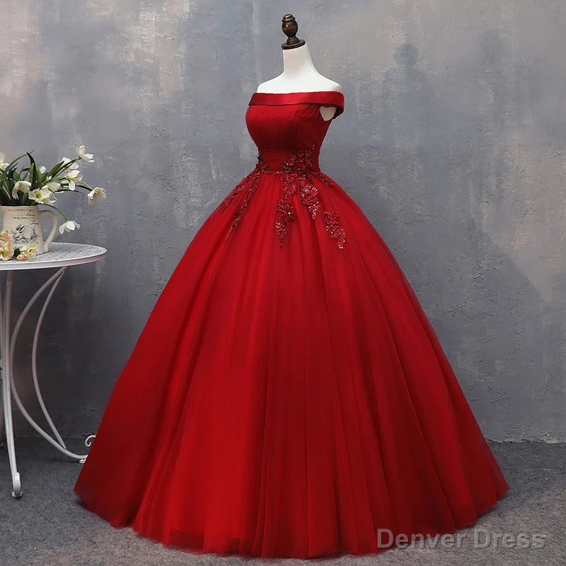 Red Tulle Long Off the Shoulder Sweet 16 Dresses, Red Prom Gowns