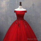 Red Tulle Long Off the Shoulder Sweet 16 Dress, Red Party Gown