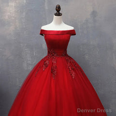 Red Tulle Long Off the Shoulder Sweet 16 Dress, Red Party Gown
