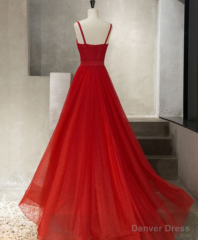 Red Tulle Long Prom Dress, Red Tulle Prom Dresses