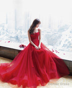 Red Tulle Long Prom Dress, Red Tulle Prom Dresses